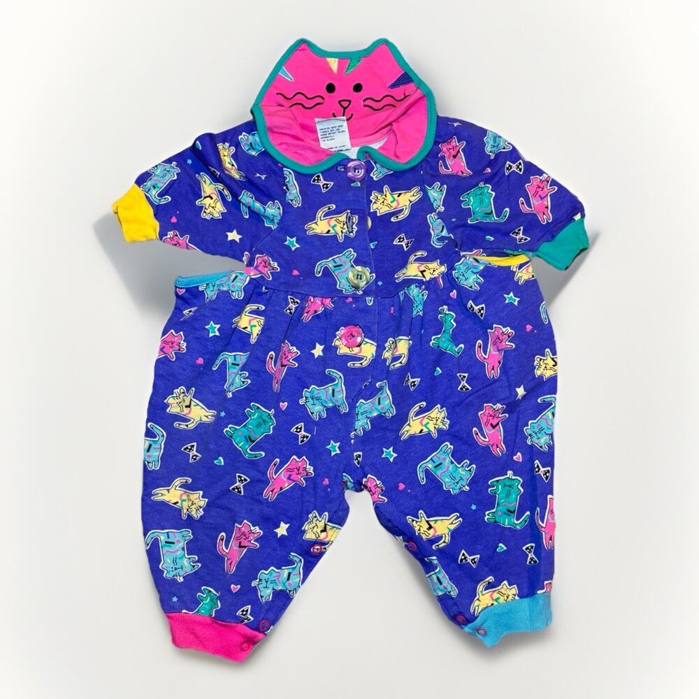 Vintage Mufflings Cat Pajamas Romper Jumpsuit Kids Size 12M Japan Style USA
